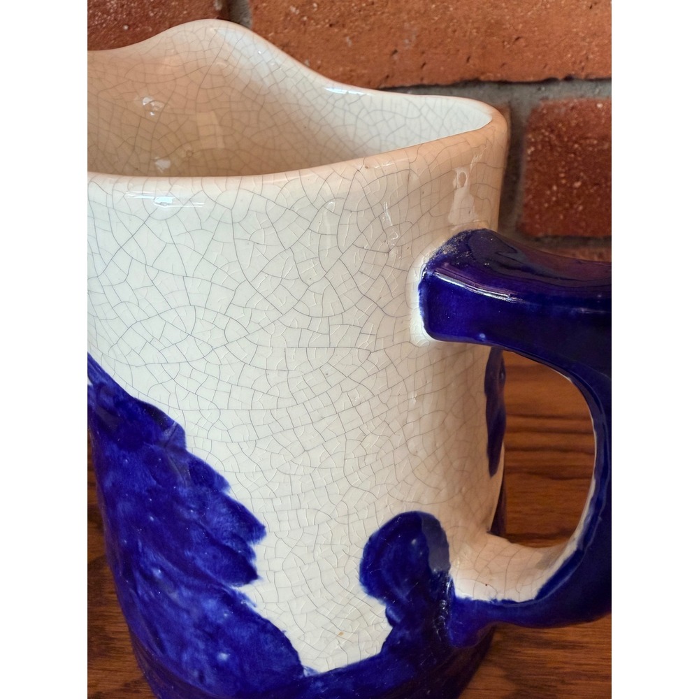 Vintage Old Sleepy Eye-style pitcher, cobalt and cream crackle glaze, 7.5" tall - Picture 5 of 10